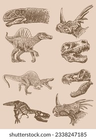 Graphical vintage set of dinosaurs on sepia background,vector illustration,tattoo designs.