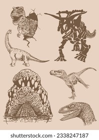 Graphical vintage set of dinosaurs on sepia background,vector illustration,tattoo designs.