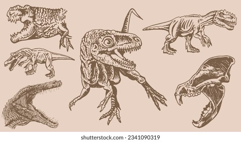 Graphical vintage set of dinosaurs on sepia background,vector illustration,tattoo designs.
