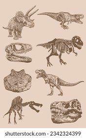 Graphical vintage set of dinosaurs on sepia background,vector illustration,tattoo designs.