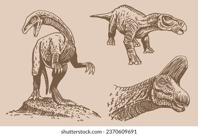 Graphical vintage set of dinosaurs on sepia background,vector illustration 