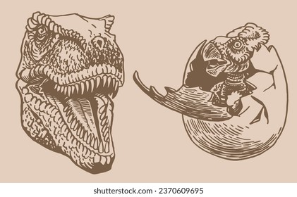Graphical vintage set of dinosaurs on sepia background,vector illustration 