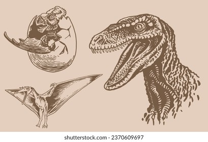 Graphical vintage set of dinosaurs on sepia background,vector illustration 