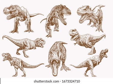 Graphical vintage set of dinosaurs, sepia background, vector illustration