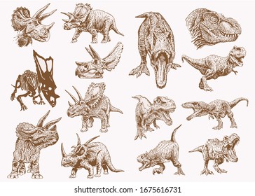 Graphical vintage set of dinosaurs, sepia background, vector illustration