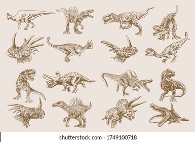 Graphical vintage set of dinosaurs , sepia illustration ,lizards