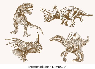 Graphical vintage set of dinosaurs , sepia illustration ,lizards