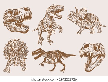 Graphical vintage set of dinosaurs ,sepia vector illustration,paleonthology