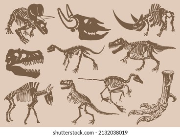 Graphical vintage set of dinosaurs ,sepia background,vector drawing,paleontology