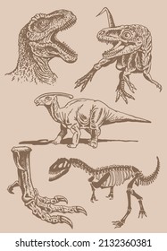 Graphical vintage set of dinosaurs ,sepia background,vector drawing,paleontology