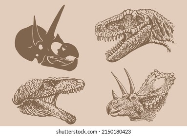 Graphical vintage set of dinosaurs , sepia background,vector  illustration for tattoo and printing