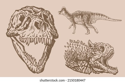 Graphical vintage set of dinosaurs , sepia background,vector  illustration for tattoo and printing