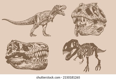 Graphical vintage set of dinosaurs , sepia background,vector  illustration for tattoo and printing