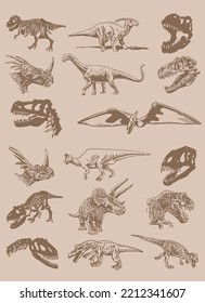 Graphical vintage set of dinosaurs , sepia background,vector  illustration for tattoo and printing, textile elements