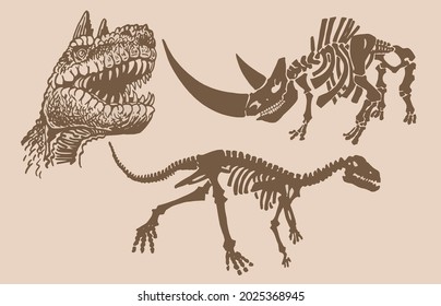 Graphical vintage set of dinosaurs and skeleton of rhino