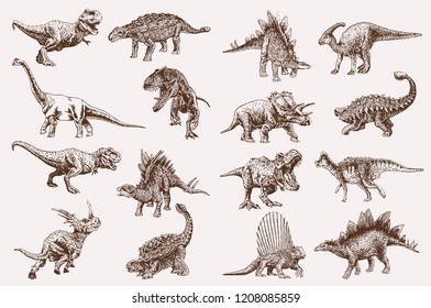 Graphical vintage  set of dinosaurs ,vector 
 retro illustration for tattoo and printing