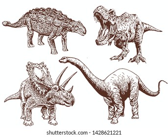 Graphical vintage set of dinosaurs ,vector retro illustration