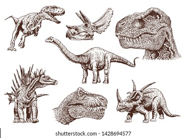 Graphical vintage set of dinosaurs ,vector retro illustration