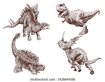 Graphical vintage set of dinosaurs ,vector retro illustration