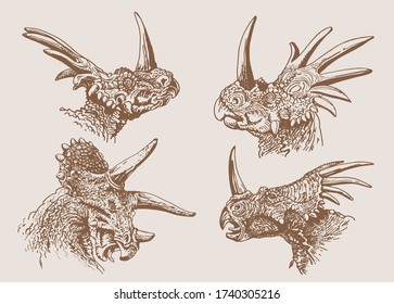 Graphical vintage set of dinosaurs, vector sepia illustration,lizards