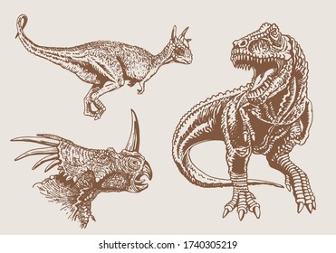 Graphical vintage set of dinosaurs, vector sepia illustration,lizards