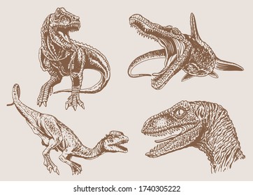 Graphical vintage set of dinosaurs, vector sepia illustration,lizards