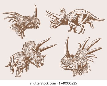 Graphical vintage set of dinosaurs, vector sepia illustration,lizards