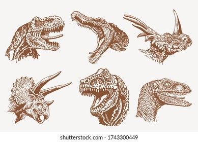Graphical vintage set of dinosaurs, vector sepia illustration,lizards for poster and typography