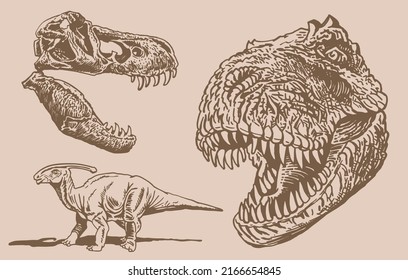 Graphical vintage set of dinosaurs  ,vector sepia illustration,jurrasic perioud 