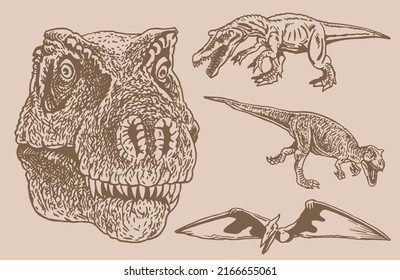 Graphical vintage set of dinosaurs  ,vector sepia illustration,jurrasic perioud 
