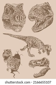 Graphical vintage set of dinosaurs  ,vector sepia illustration,jurrasic perioud 