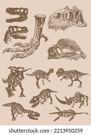 Graphical vintage set of dinosaurs ,vector sepia illustration 