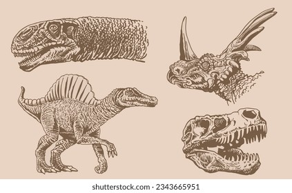 Graphical vintage  set of dinosaurs ,vector retro illustration for designs,textil and printing