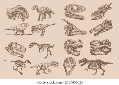 Graphical vintage set of dinosaurs,sepia background,vector illustration