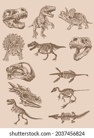 Graphical vintage set of dinosaurs,sepia background,vector illustration
