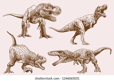 Graphical vintage set of dinosaurs,vector sketchy retro illustration for printing