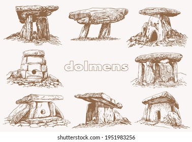 Graphical vintage set of dolmens , sepia illustration for typography and printing	