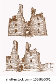 Graphical vintage set of dunstanburgh castles,vector  illustration,Great Britain 