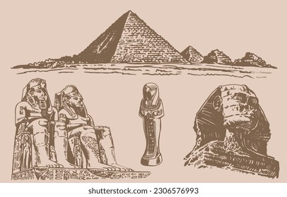 Graphical vintage set of Egypt landmarks on sepia background, vector illustration. 