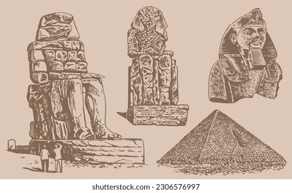 Graphical vintage set of Egypt landmarks on sepia background, vector illustration. 