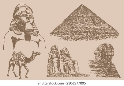 Graphical vintage set of Egypt landmarks on sepia background, vector illustration. 