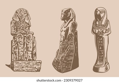 Graphical vintage  set of Egypt landmarks. Vector element of God ptah,  Pharaoh and Colossi of Memnonm isolated on sepia background