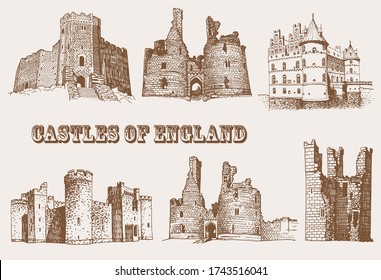 Graphical vintage set of England castles ,sepia background,vector illustration