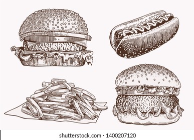 Graphical vintage set of fast food , vector sketchy illustration