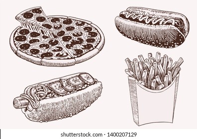 Graphical vintage set of fast food , vector sketchy illustration