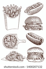 Graphical vintage set of fast food , vector sketchy illustration