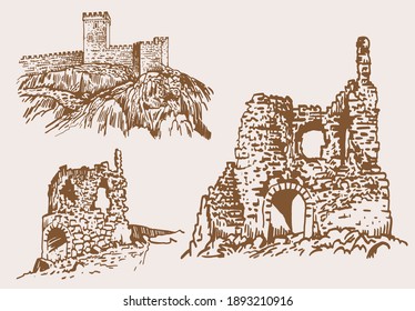 Graphical vintage set of fortress of Crimea, ruins
