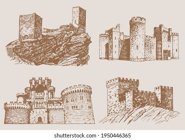 Graphical vintage set of fortresses,sepia background,vector elements of architecture. Vector illustration	