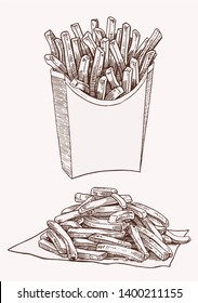 Graphical vintage set of French fries , vector sketchy illustration