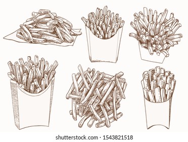 Graphical vintage set of french fries, retro illustration,fast food